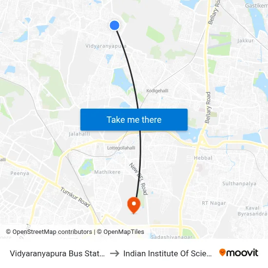 Vidyaranyapura Bus Station to Indian Institute Of Science map