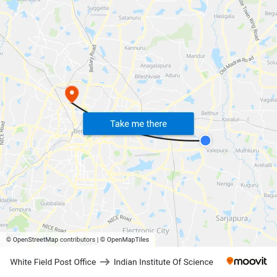 White Field Post Office to Indian Institute Of Science map