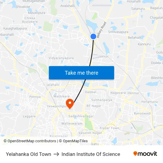 Yelahanka Old Town to Indian Institute Of Science map