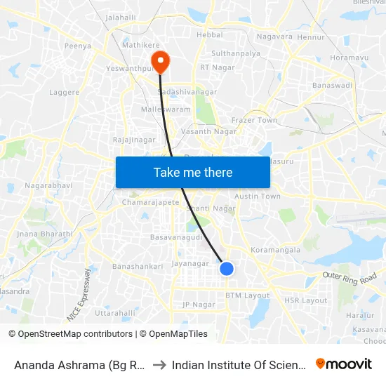 Ananda Ashrama (Bg Rd) to Indian Institute Of Science map