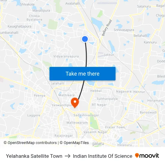 Yelahanka Satellite Town to Indian Institute Of Science map