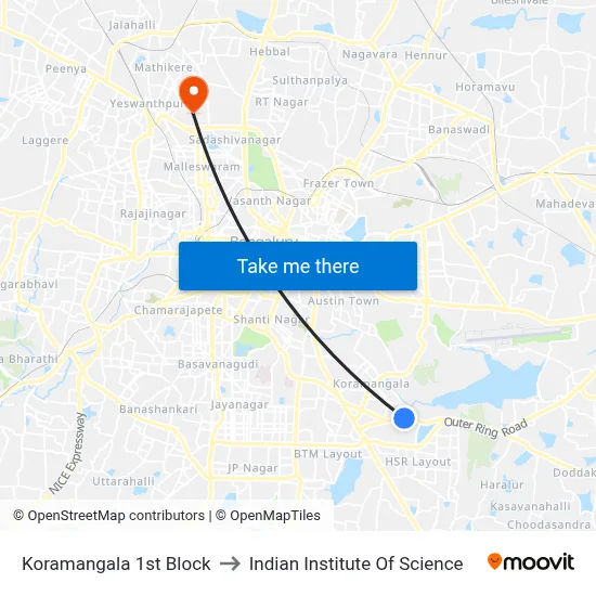 Koramangala 1st Block to Indian Institute Of Science map