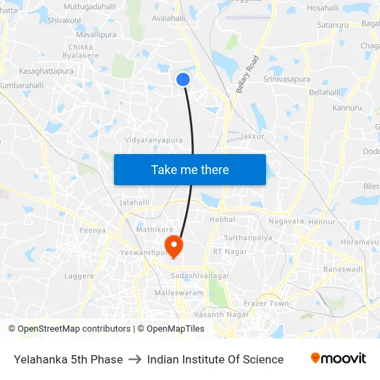 Yelahanka 5th Phase to Indian Institute Of Science map