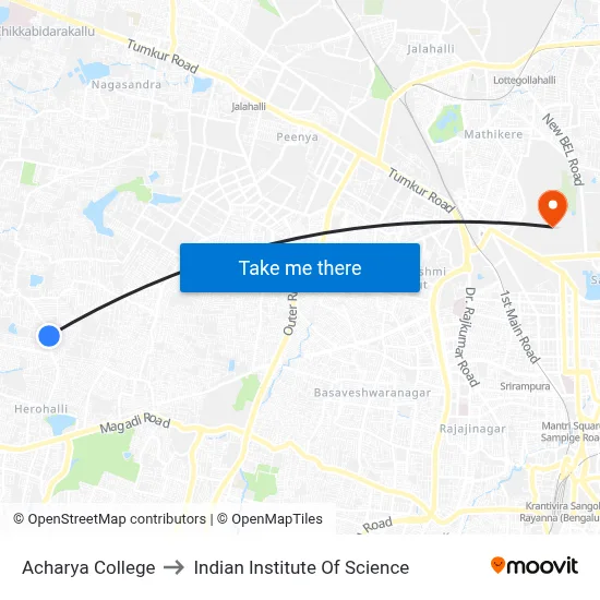 Acharya College to Indian Institute Of Science map
