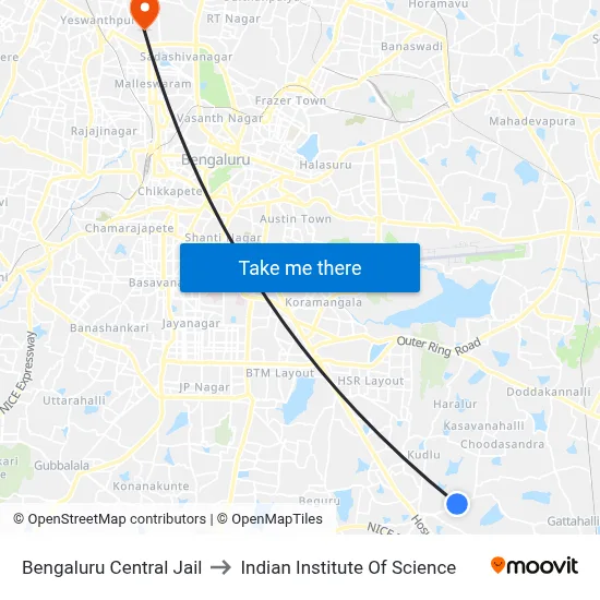 Bengaluru Central Jail to Indian Institute Of Science map