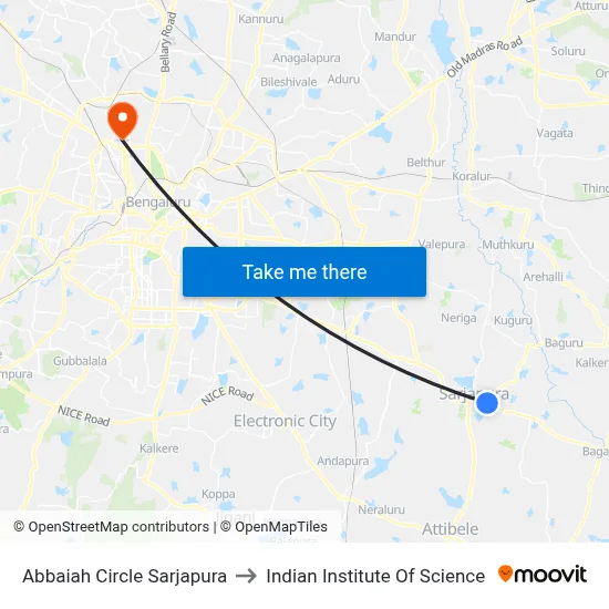 Abbaiah Circle Sarjapura to Indian Institute Of Science map