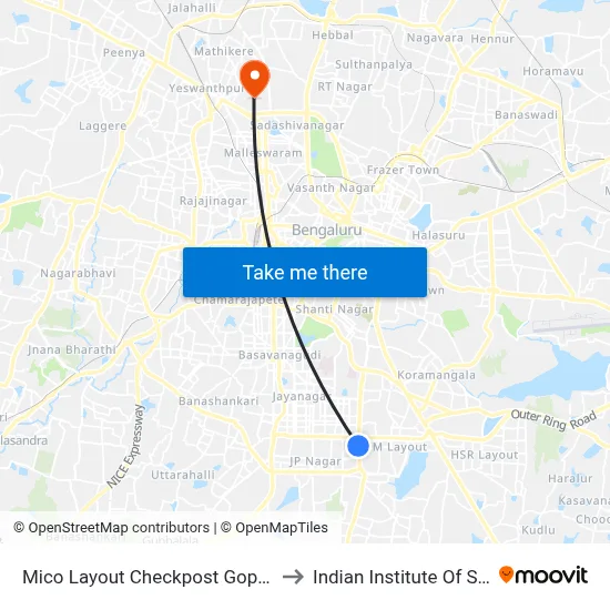 Mico Layout Checkpost Gopalan Mall to Indian Institute Of Science map
