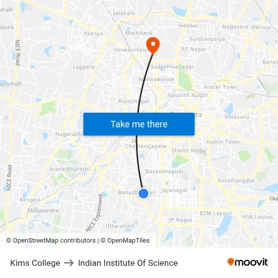 Kims College to Indian Institute Of Science map