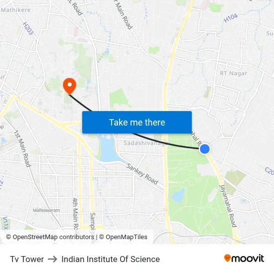 Tv Tower to Indian Institute Of Science map