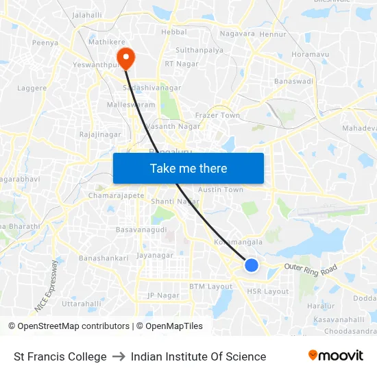 St Francis College to Indian Institute Of Science map