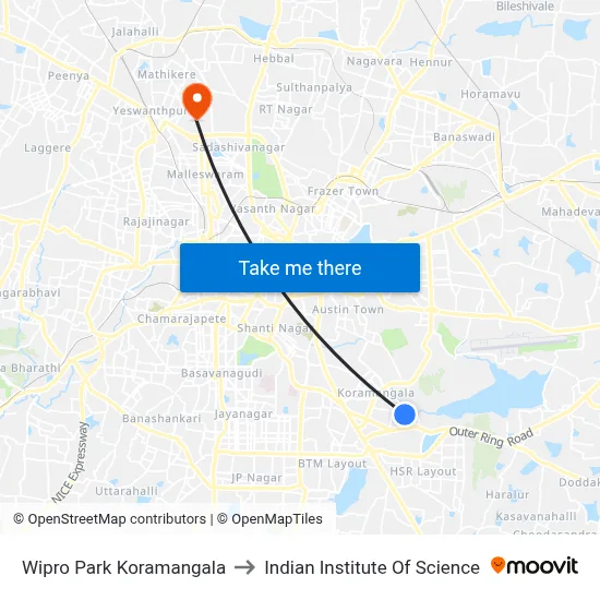 Wipro Park Koramangala to Indian Institute Of Science map