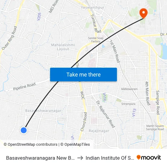 Basaveshwaranagara New Bus Stand to Indian Institute Of Science map