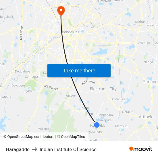 Haragadde to Indian Institute Of Science map