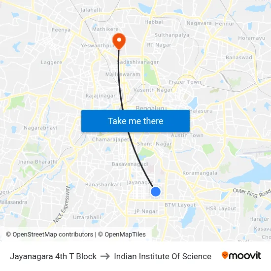 Jayanagara 4th T Block to Indian Institute Of Science map