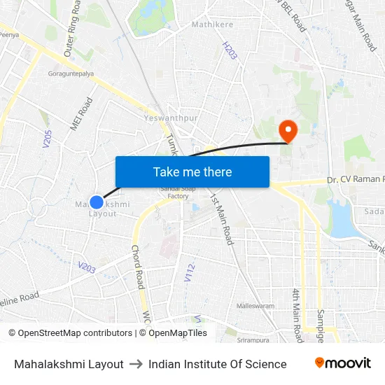 Mahalakshmi Layout to Indian Institute Of Science map