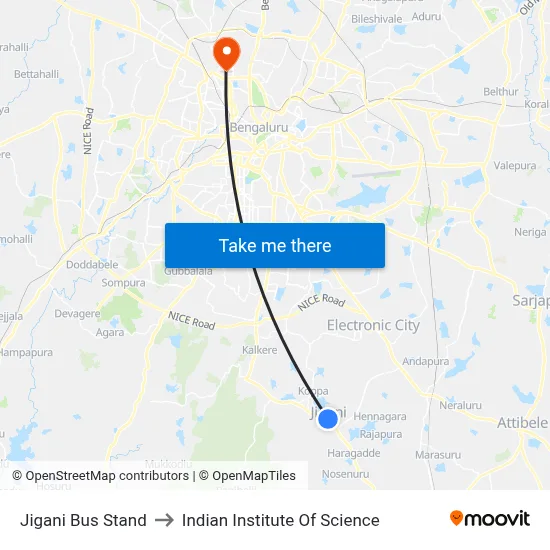 Jigani Bus Stand to Indian Institute Of Science map