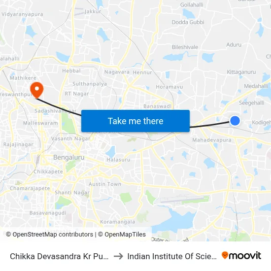 Chikka Devasandra Kr Puram to Indian Institute Of Science map