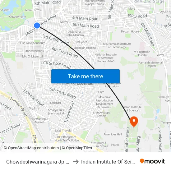 Chowdeshwarinagara Jp Park to Indian Institute Of Science map