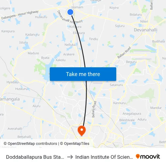 Doddaballapura Bus Stand to Indian Institute Of Science map