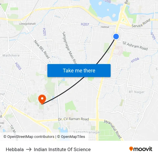 Hebbala to Indian Institute Of Science map