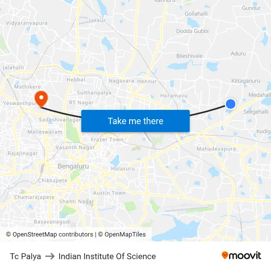 Tc Palya to Indian Institute Of Science map