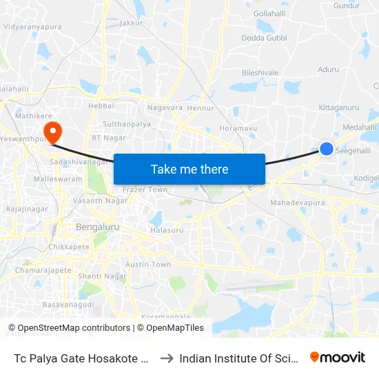 Tc Palya  Gate Hosakote Road to Indian Institute Of Science map