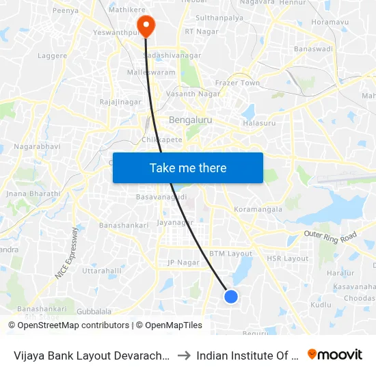 Vijaya Bank Layout Devarachikkanahalli to Indian Institute Of Science map