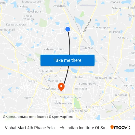 Vishal Mart 4th Phase Yelahanka to Indian Institute Of Science map