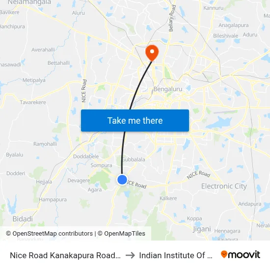 Nice Road Kanakapura Road Junction to Indian Institute Of Science map