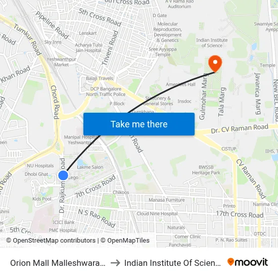 Orion Mall Malleshwaram to Indian Institute Of Science map