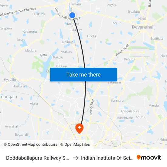 Doddaballapura Railway Station to Indian Institute Of Science map