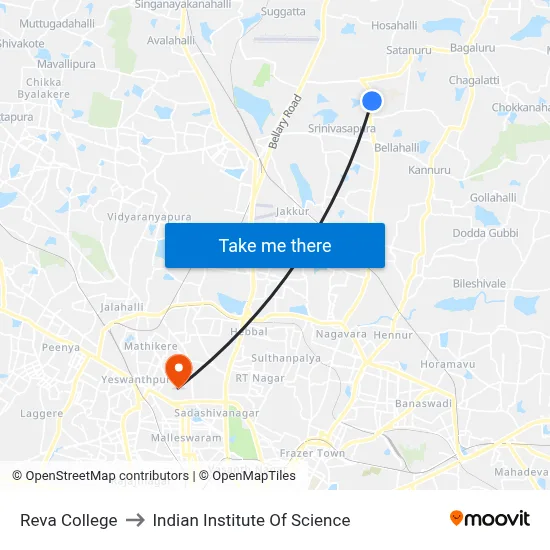 Reva College to Indian Institute Of Science map