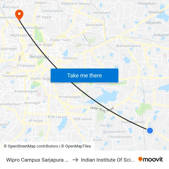 Wipro Campus Sarjapura Road to Indian Institute Of Science map
