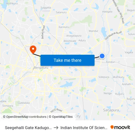 Seegehalli Gate Kadugodi to Indian Institute Of Science map
