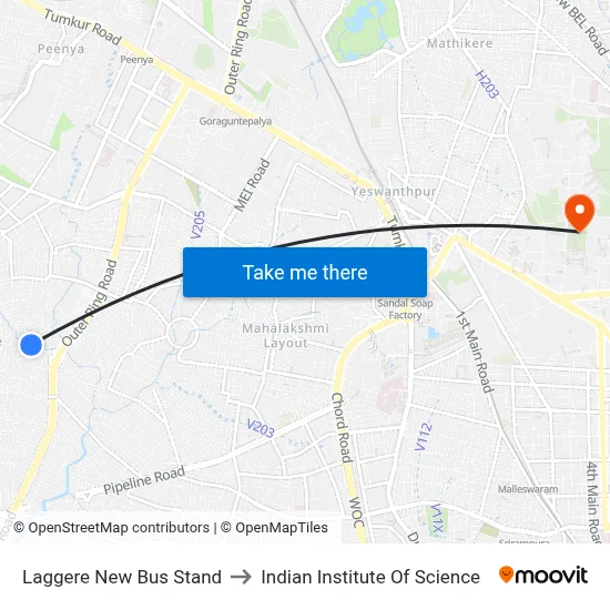 Laggere New Bus Stand to Indian Institute Of Science map
