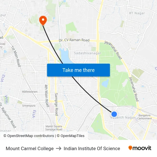 Mount Carmel College to Indian Institute Of Science map