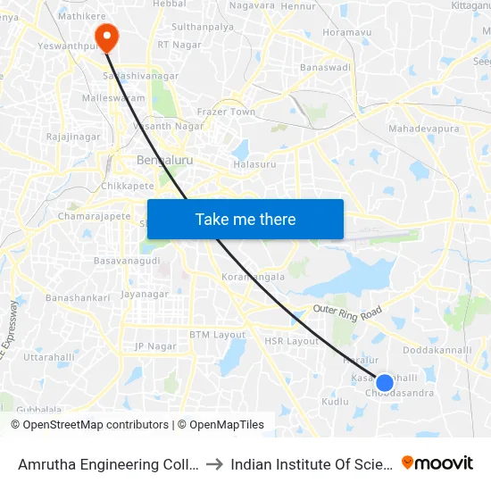 Amrutha Engineering College to Indian Institute Of Science map
