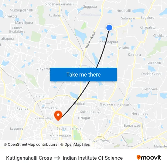 Kattigenahalli Cross to Indian Institute Of Science map