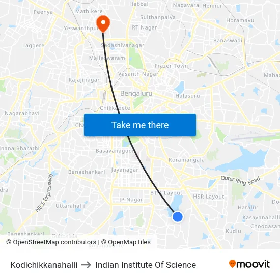 Kodichikkanahalli to Indian Institute Of Science map