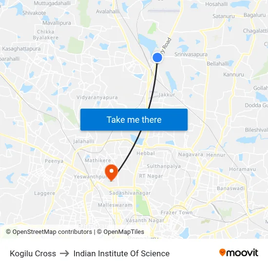 Kogilu Cross to Indian Institute Of Science map