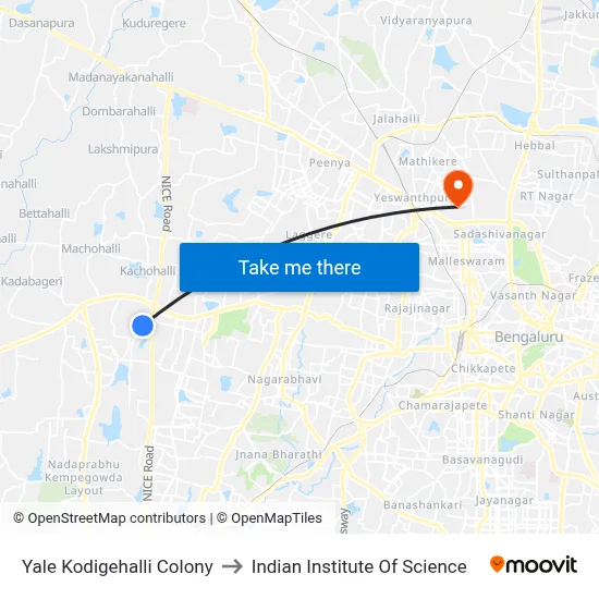 Yale Kodigehalli Colony to Indian Institute Of Science map