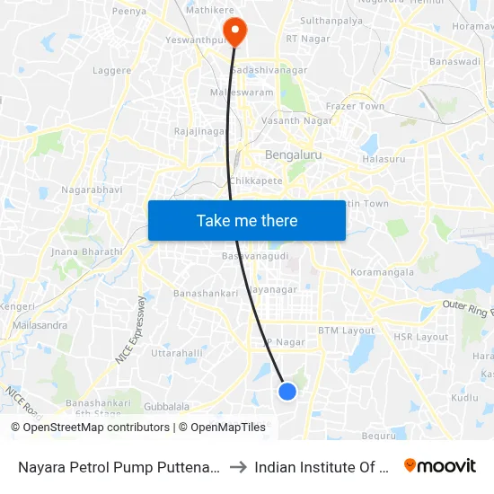 Nayara Petrol Pump Puttenahalli Lake to Indian Institute Of Science map