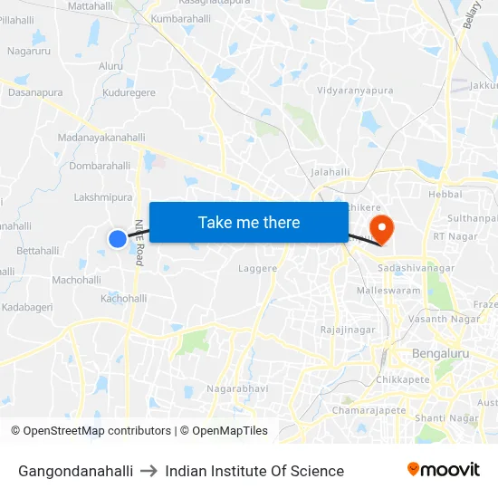 Gangondanahalli to Indian Institute Of Science map