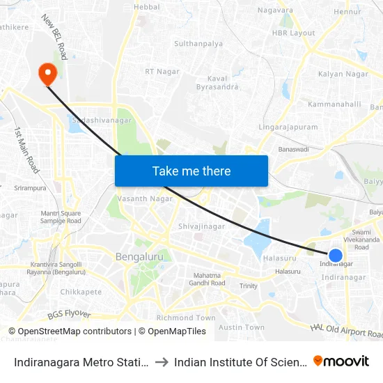 Indiranagara Metro Station to Indian Institute Of Science map