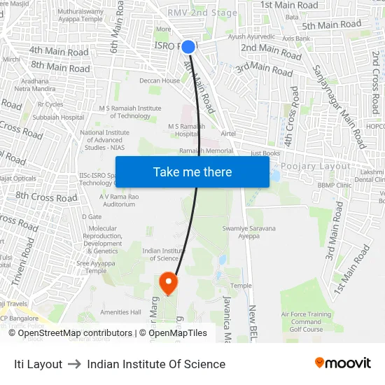 Iti Layout to Indian Institute Of Science map