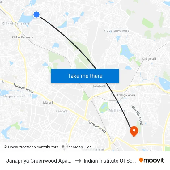 Janapriya Greenwood Apartment to Indian Institute Of Science map