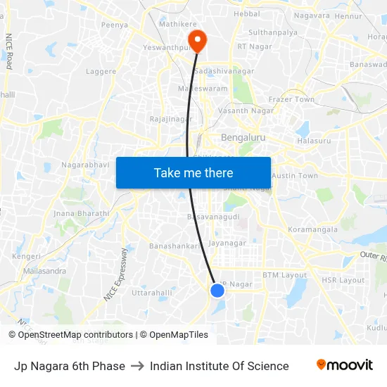 Jp Nagara 6th Phase to Indian Institute Of Science map