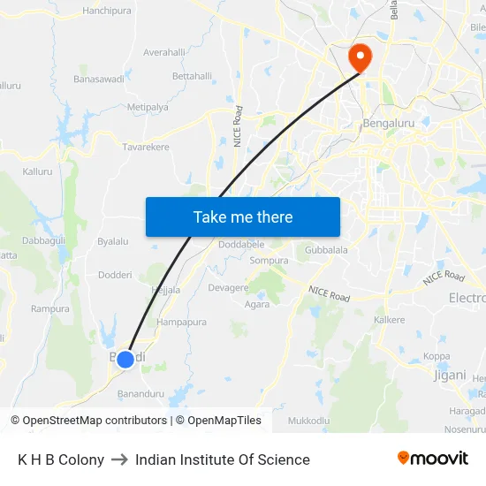 K H B Colony to Indian Institute Of Science map