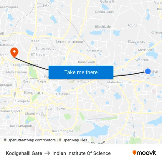 Kodigehalli Gate to Indian Institute Of Science map