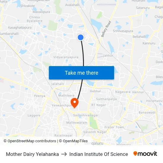 Mother Dairy Yelahanka to Indian Institute Of Science map